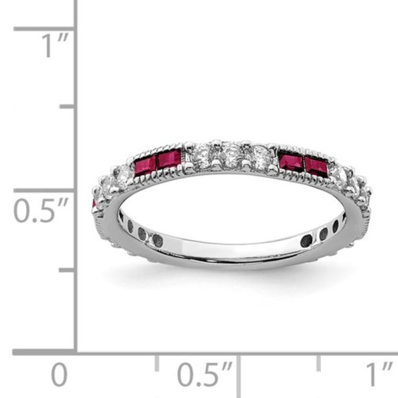 Sterling Silver Rhodium-plated Created Ruby and Round CZ Band Ring - Picture 2 of 5